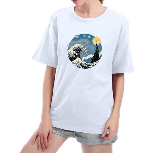 Ukiyoe Wave Print Tshirt Women Soft Oversized T-Shirts Cartoon O-Neck Short Sleeve Tops Tee Summer Pattern Casual Female T Shirt