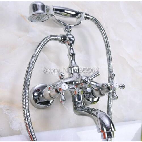 Chrome Wall Mounted Clawfoot Bathtub Faucet Set with Handheld Shower Mixer Taps llna198