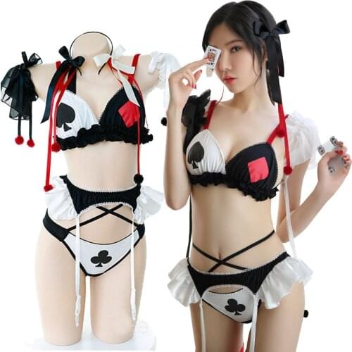 Mistress Gifts Ruffle Sexy Costume Garter Bra Set Kawaii Lingerie Set Naughty Magic Clown Circus Playing Card Girl Cosplay