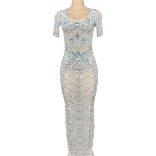 Transparent Silver Glass Stones Fringe Dress Birthday Celebrate Dance Dress Prom DJ Women Singer Long Dress Jazz Dance Costume