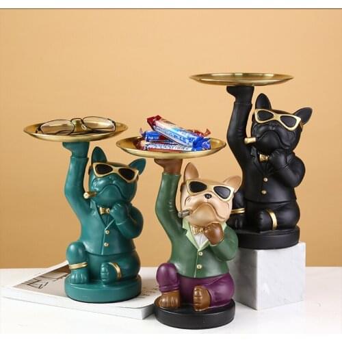 Cute Animal Sculpture Resin Bulldog Dog Statues Storage Ornaments Entrance Key Snack Small Object Storage Tray Study Home Decor