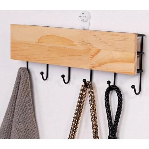 Modern and Simple Wrought Iron Wooden Hook Rack Home Clutter Sorting and Wall-Mounted Racks