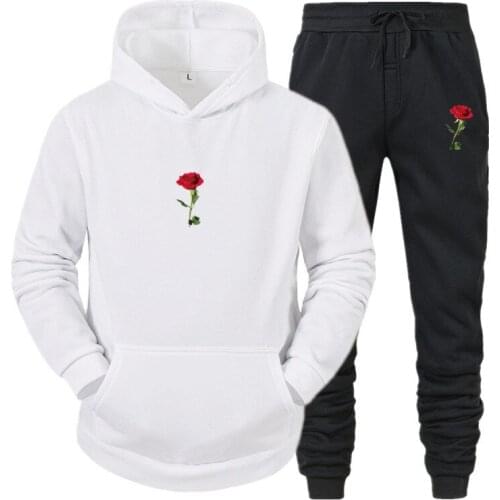 Rose Printed Hoodies Sweatshirts Sets Men Women Long Sleeve Casual Autumn Winter Pullovers Pockets Street Loose plus velvet Suit