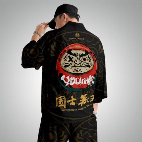 Japanese Kimono Traditional Casual Loose Thin A Set of Coat And Pants Asian Clothes Harajuku Vintage Print Kimono Cardigan Male