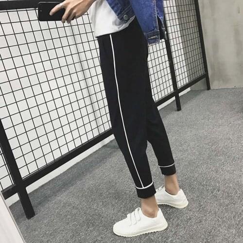 Outdoor 2021 Summer harem hip hop striped ribbon joggers gym students elastic waist joker thin ankle length pants boys trousers