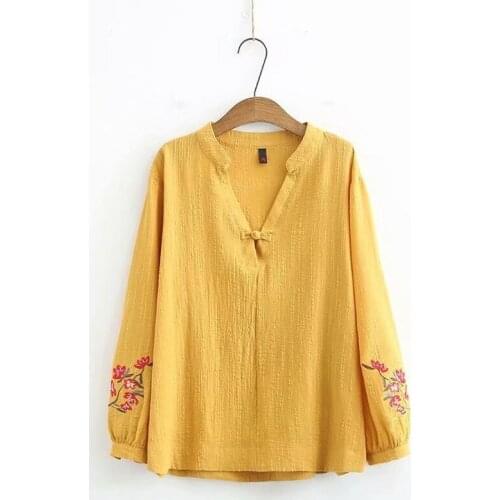 Plus Size Womens Long Sleeved Blouse V-neck Linen Floral Embroidery OL Tops