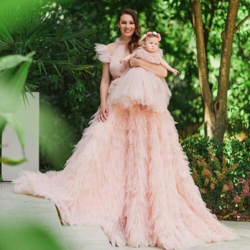 Extra Fluffy Pink Tulle Dressing Gowns High Neck Sleeveles Ruffles Pleated Layered Women Photo Shoot Tulle Gowns