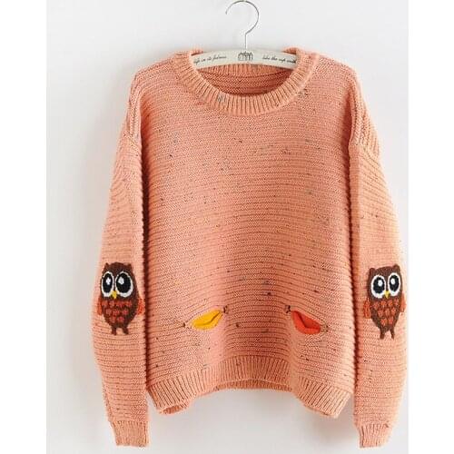 Owl Character with Pocket Korean Loose Cashmere Sweater Pullovers 2019 Women Fashion Winter Sweater O-neck Knit Tops