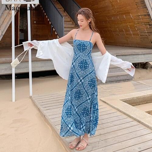 Beach Style Summer Bohemian Dress For Women 2021 Cross Bandage Sexy Dress Female Spaghetti Strap Print Long Dresses Robe 13237