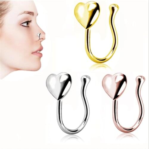 Punk Rose Gold Color Clip On Nose Ring Earring Body Piercing Fake Septum Nose Stud Rings For Women Fashion Body jewelry