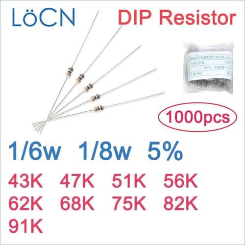 1000pcs 5% 1/6W 1/8W Carbon Film Resistor DIP 43K 47K 51K 56K 62K 68K 75K 82K 91K OHM color ring LoCNService LoCN