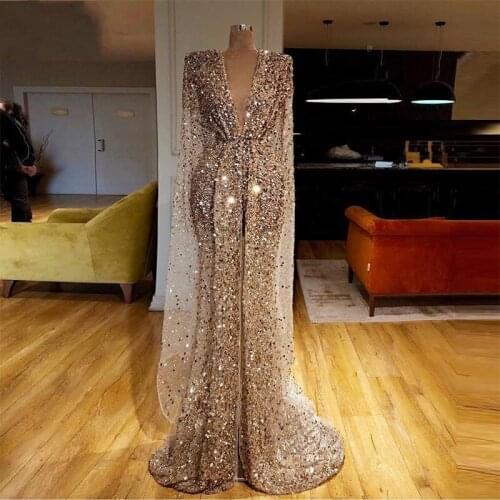 2021 Dubai Elegant Prom Dresses Champagne Loose Sleeve Evening Dress Mermaid robe de soiree abiye V Neck Sequin Evening Dresses