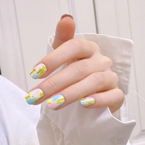 24pcs Fake Nails With Designs Pink Blue Gildeds Wear Short Paragraph Fashion Manicure Patch False Nails Press On Nail Design DL