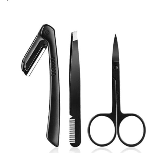 Black Stainless Steel Eyebrow Trimming Knife 3PCS Eyebrow Trimming Scissors Set Beauty Tool Eyebrow Clip Eyebrow Knife Set MD11