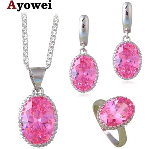 Ayowei Beautiful Pink Zircon Fashion Jewelry Sets for Ladies Silver Stamped CZ Earrings Necklace Ring Sz #6#7#8#9#10 JS664A