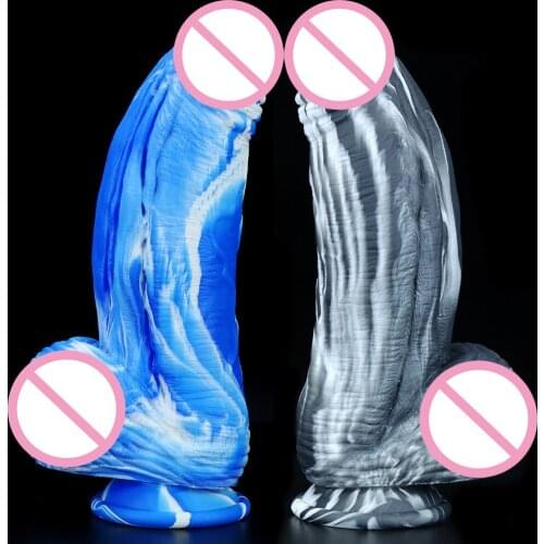 10inch Dildo Blue Black Mixed Silicone Realistic Dildo with Powerful Sucker Classic Soft Anal with Testicles Anal Plug Big Penis