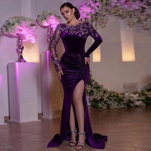 Purple Celebrity Dresses Mermaid Scoop Long Sleeve Velvet Slit Sexy Long Famous Formal Red Carpet Dresses