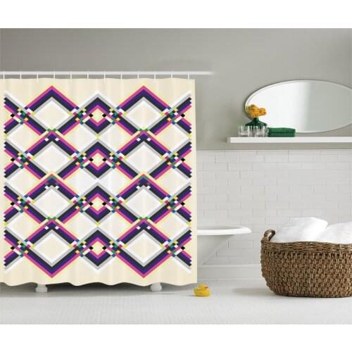 Geometric Shower Curtain Horizontal Zigzag Lines Entangled Vibrant Chevron Pixel Like Motif Abstract Art Bathroom Curtains