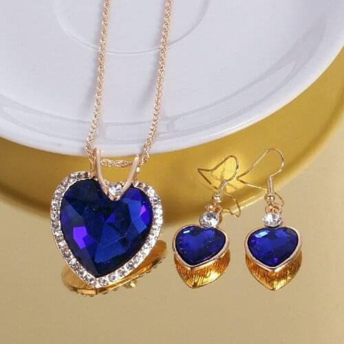 Hot 5 Colors Crystal Heart Necklace Earrings Set Silver Color Chain Jewelry Sets for Women Wedding Accessories Valentines Gift