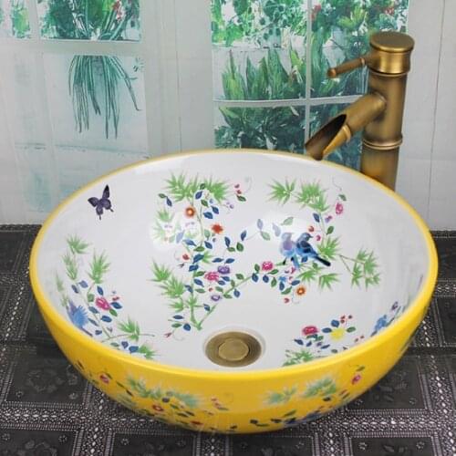 Bathroom Round Ceramic Vessel Sink Vanity Artistic Basin with Pop up Drain Combo AB268
