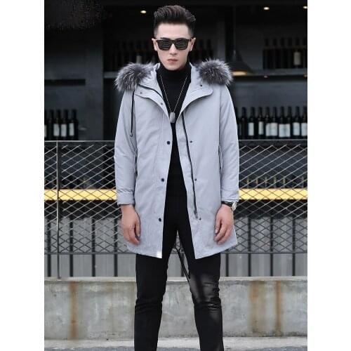 Jacket Men Natural Fur Coat Real Racoon Fur Collar Parka Wool Liner Jacket Long Overcoat AXHPKF1802-1805-Y KJ831