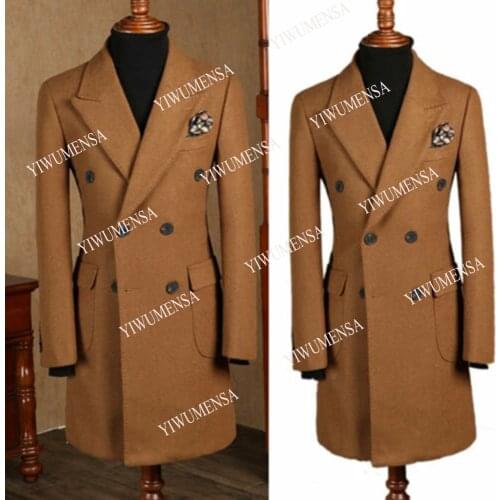 YIWUMENSA Winter Brown Mens Overcoat Custom Made Tweed Wollen Double-breasted Peaked Laple Smoking Business Outwear Jacket 2021