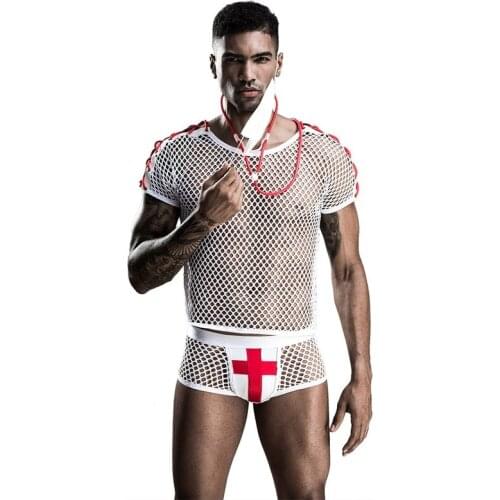 New Male Doctor Sexy Uniform Sexy Male Nurse Mesh Erotic Lingerie Uniform White Bar Performance Male Doctor Cosplays Costume