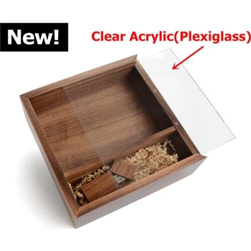 Custom LOGO New Wood Photo Box + Acrylic Lid +Wooden Square USB 3.0 Memory flash stick Pendrive
