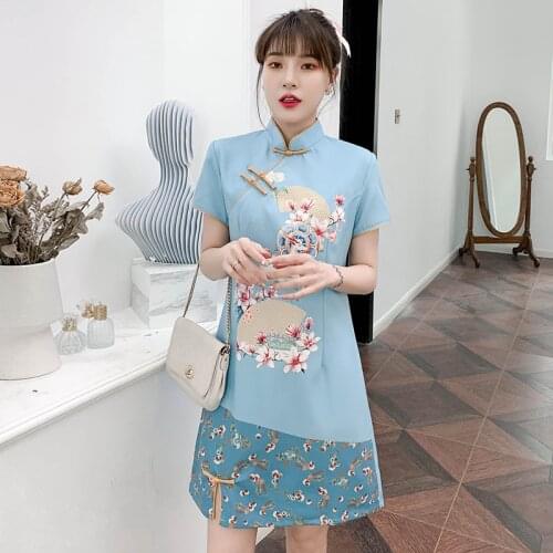 Young Women Qipao Dresses Vintage Print Elegant Summer Improved Cheongsam 2021 Ladies Chinese Style Girls Plus Size Buckle Dress