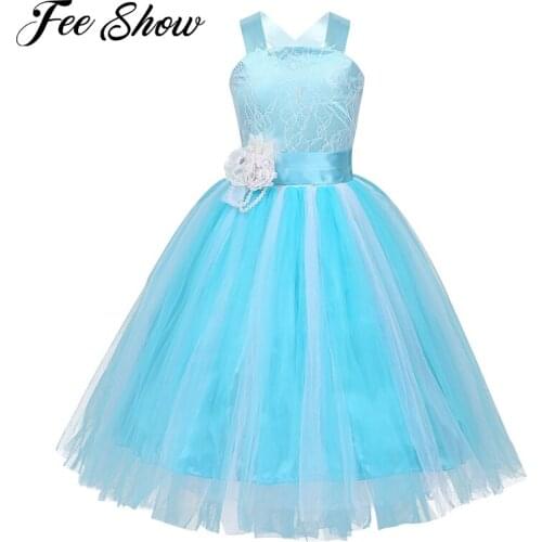 Princess Dress for Kids Girls Crossed Back Sleeveless Lace Tulle Flower Girl Dress Wedding Birthday Party Pageant Formal Dress