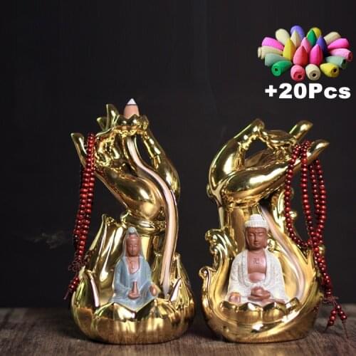 Gift 20Incense Cones Thailand Buddha Incense Burner Buddha Hand Lotus Backflow Incense Burner Zen Garden Table Office Yoga Decor