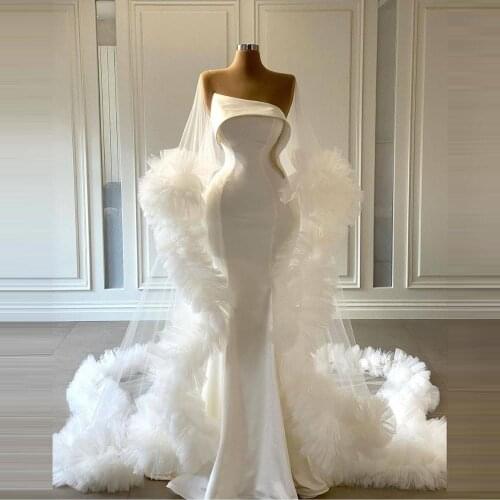 Simple Mermaid Celebrity Evening Dress Whit Long Puffy Tulle Cape Prom Gown Elegant Formal Party Dress Vestido Custom Made