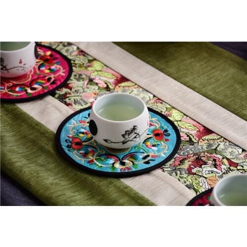 Retro Non-woven Embroidery Floral Pattern Ethnic Coaster Tribal Cup Teapot Mat Drink Holder Floral Tableware Placemat LIN3989