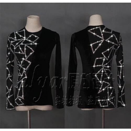 Latin Dance Shirts Men Flamenco Long Sleeve Round Neck Sequin Middle East Diamond Tops Ballroom Shirt Performance Wear S-XL