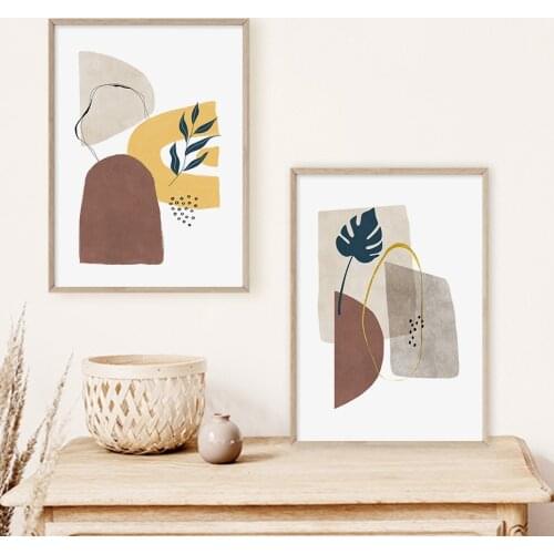 Modern Trendy Beige Abtract Geometric Leaves Canvas Paintings Wall Art Picture Poster and Prints for Living Room Home Decoration