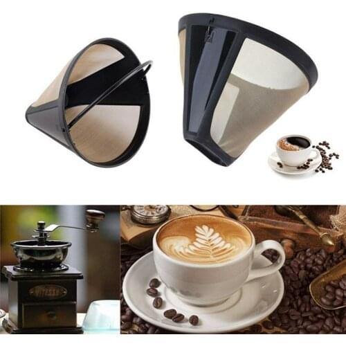 Steel Washable Handle Coffee Filter Reusable Coffee Coffee Filter Cone-Style Tone Filters Golden Refillable V5X2