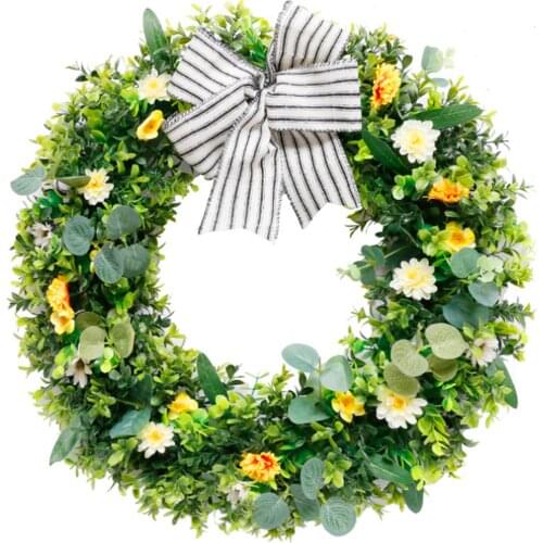 Easter decoration Front Door Wreath Simulation Flowers vines Leaves Grid Bowknot Spring Wreath for Easter Ornament home decor