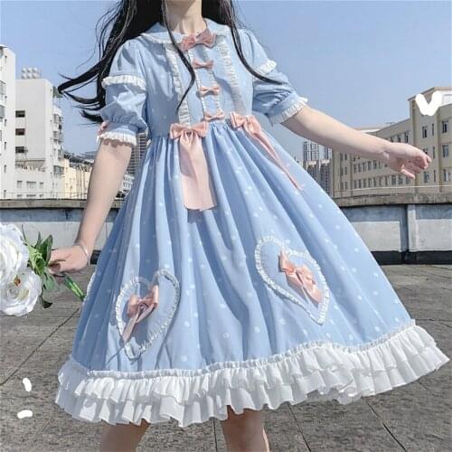 Vintage Sweet Girl Op Lolita Sweet Loli Dress Lolita Daily Genuine Heart-shaped Bowknot High Waist Short Sleeve Kawaii Tea Party