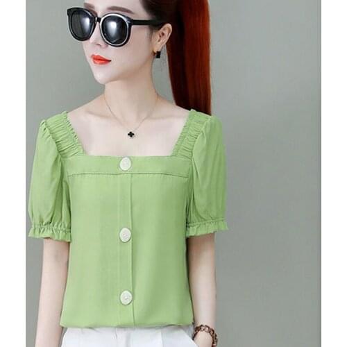 Women Spring Summer Style Chiffon Blosues Shirts Lady Casual Short Flare Sleeve Square Collar Blusas Tops ZZ0306