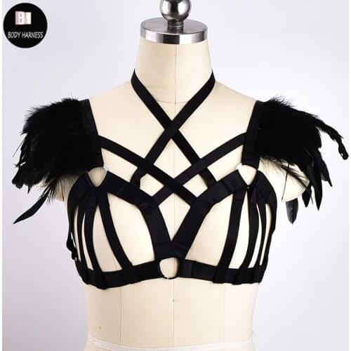 Women Sexy Gothic Adjustable Feather Body Harness Bra Cage Lingerie Body Cage Feather Epaulettes Rave Bondage Harness