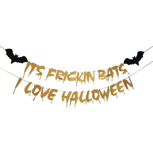 1set Gold Bunting Banner I Love Halloween Flag Home Pub Bar Garland Halloween Hanging Decor Letter Print Cute Banner