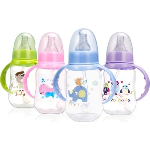 1pcs150ML Newborn Baby Bottle with Curved Handle Anti-drop PP Material Cross-hole Pacifier 360-degree Straw Kids Feeding Bottles
