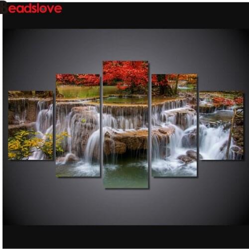 Red Maple Tree Lake Waterfall 5D DIY Diamond Painting cross stitch diamond Mosaic Diamond Embroidery Needlework Decorative 5pcs