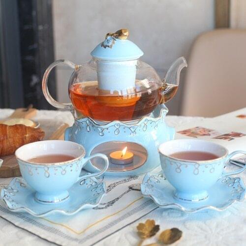 6PCS European Style Fruit Flower Tea Cup Household Ceramic Candle Heating Glass Flower Teapot English Afternoon Tea Tea Set