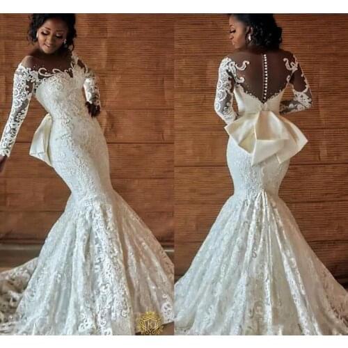 African Full Lace Wedding Dresses With Back Bow Beading Long Sleeves 2021 Ivory Mermaid Engagement Wedding Bridal Gowns