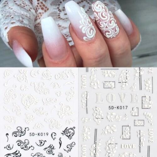 1 Pc White Embossed Nail Stickers Fashion Lace Design Water Slide Nail Decals Japanese Flower Butterfly Cute Nail Art Decoration