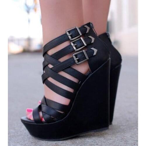 Dipsloot Summer New Woman Blue Jeans Black Cuts Out Wedge Sandals Girls Buckles Thick Platform High Heel Sandals Shoes Lady