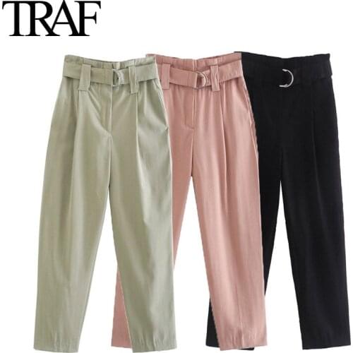 Traf Za Women Clothing Elastic High Waisted Pants Vintage Streetwear Fashion Loose Trousers Female Haren Pants Mujer