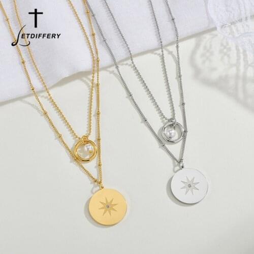 Letdiffery Stainless Steel Star of David Double Layer Pearl Beaded Link Chain Necklace For Women Charm Jewelry