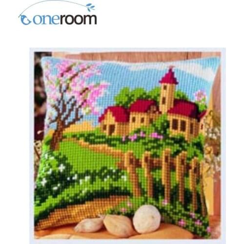 CX0260 Village Scenery DIY Acrylic Yarn Embroidery Pillow Tapestry Canvas Cushion Front Cross Stitch Pillowcase